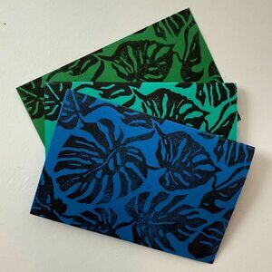 Handprinted Cards Set of 3 Cool Tones Monstera Leaf Carved Linoleum Print Art